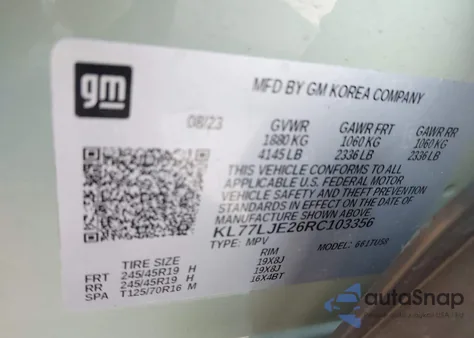 2024 Chevrolet Trax 2Rs из США, поврежденный, VIN KL77LJE26RC103356